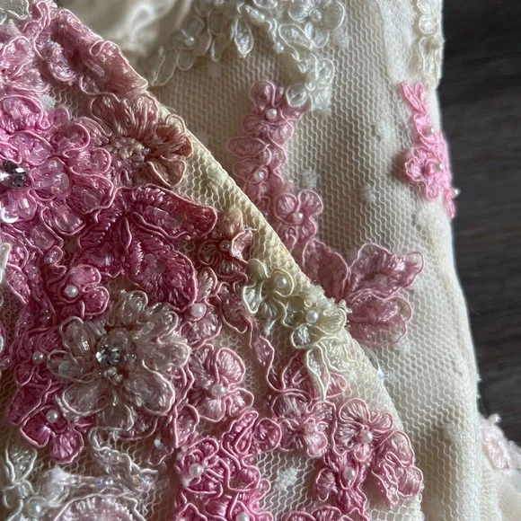Sherri Hill Pink and Cream Floral Embroidered Lace Embellished Dress - Picture 15 of 16